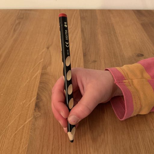 Hand mit Stift im Pfoetchengriff